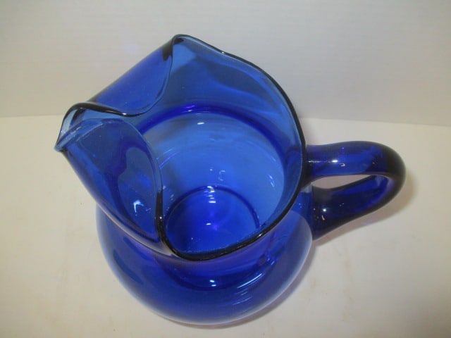 Vintage Cobalt Blue Glass Ball Pitcher with Ice Lip - 2