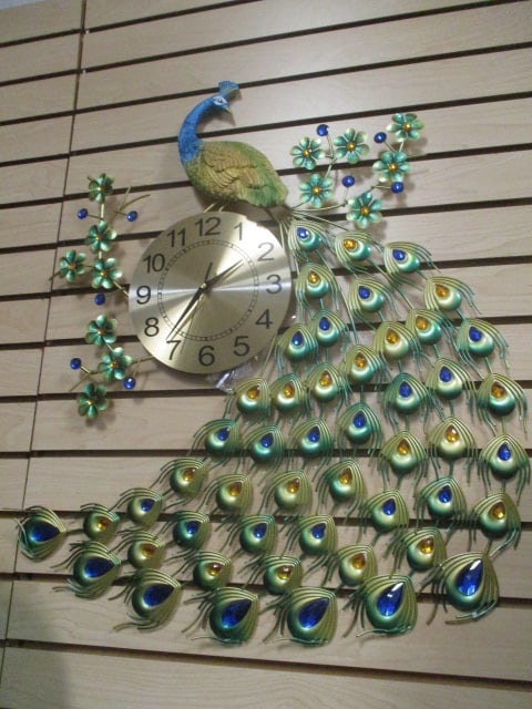 Colorful Jeweled Peacock Quartz Wall Clock: approx. 25"w x 30"h, has new batteries and works, Local Pickup Suggested