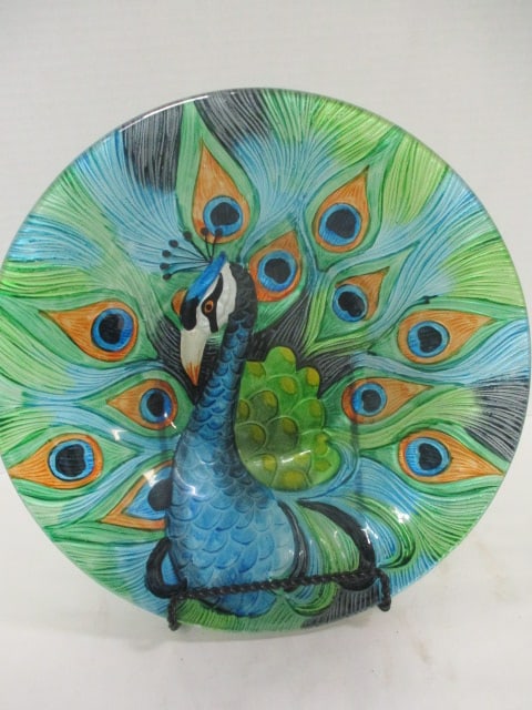 Colorful Art Glass Peacock Bowl with Metal Stand: 13"dia