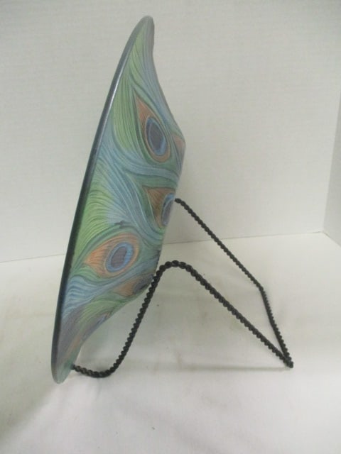 Colorful Art Glass Peacock Bowl with Metal Stand - 2