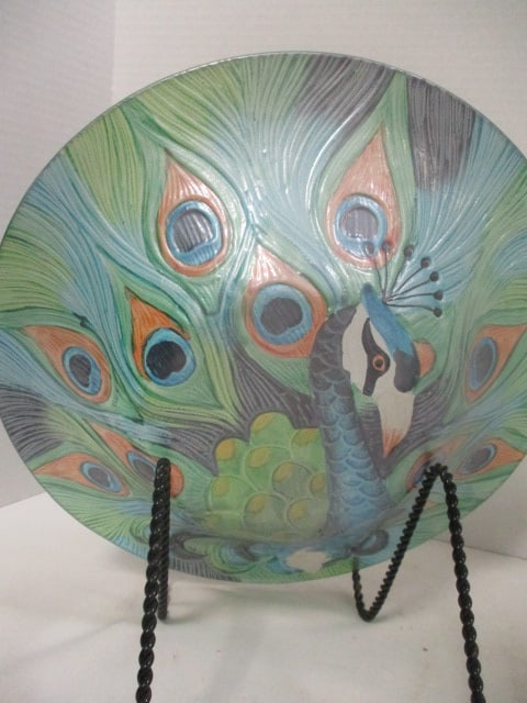 Colorful Art Glass Peacock Bowl with Metal Stand - 3