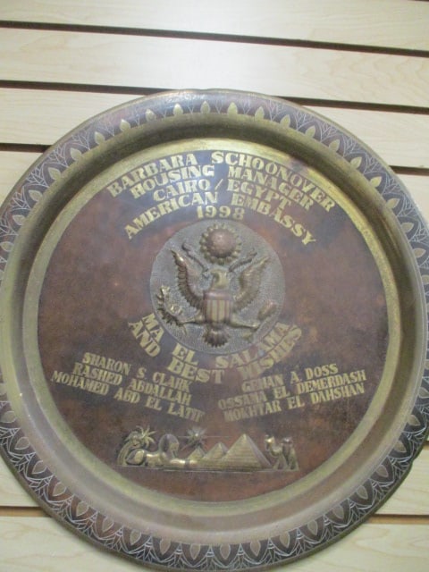 Special Mixed Metal 1998 US Embassy Native Gift Charger Presented to Barbara Schoonover: in the Housing Administration. 19 1/2"dia