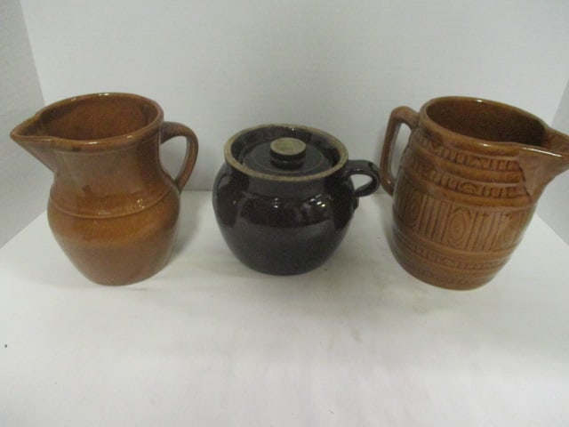 Circa 1920-30's Brown Stoneware Pitchers and Bean Pot: 6 1/2"h, 6 3/4", 5"h