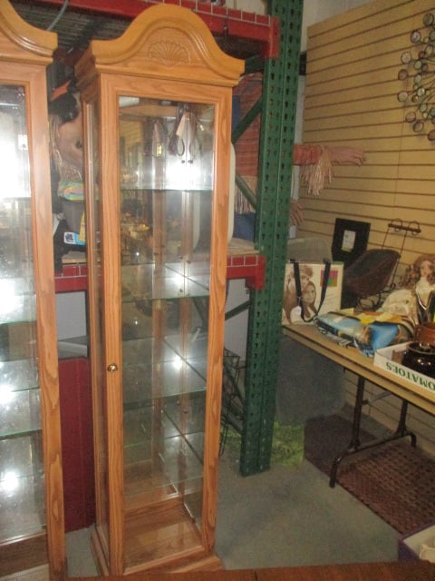 Oak Finish Illuminated Display Cabinet with Mirror Back and Glass Shelves: 17 1/2" x 13 3/4" x 75 1/4", Local Pickup Only