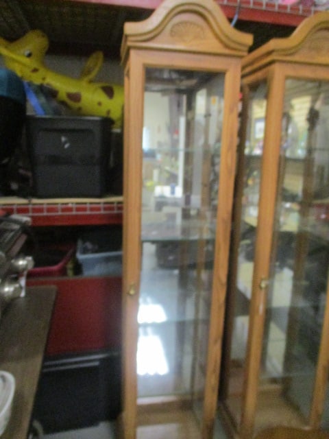 Oak Finish Illuminated Display Cabinet with Mirror Back and Glass Shelves: 17 1/2" x 13 3/4" x 75 1/4", Local Pickup Only