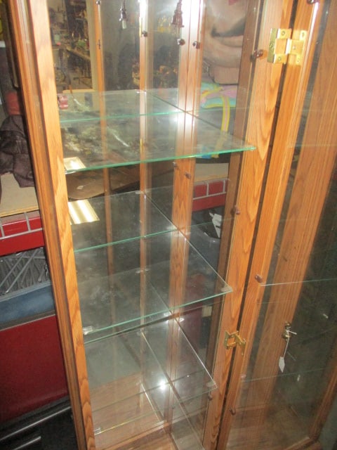 Oak Finish Illuminated Display Cabinet with Mirror Back and Glass Shelves - 3