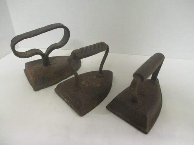 Three Antique Cast Iron Sadirons: .