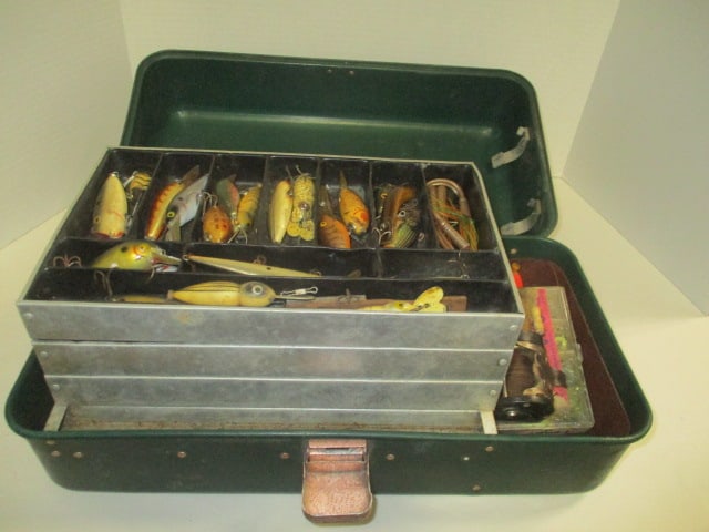 Old UMCO Corp. Tackle Box FILLED FULL of Old Fishing Lures and Reel: Many lures are wood, See all pictures and preview for selection