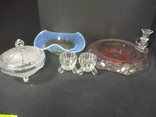 Nice Grouping of Vintage Glass Ware: Pink Depression Glass Waterfall Centerpiece Bowl, Clear and Frost Glass Covered Candy Dish, Clear Finger Hold Candleholder, Pair of Footed Ribbed Candleholders and Iridescent Etched Pinched Edge