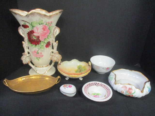 Grouping of Vintage Porcelain Bonbon Dishes, Bowl and Tall R.S. PrussiaVase: .