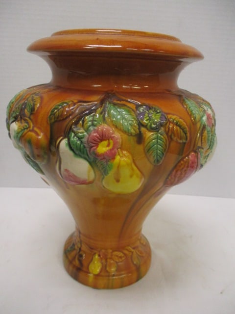 Vintage Majolica Style Urn Vase with Hanging Fruit Motif: 11 1/2"h