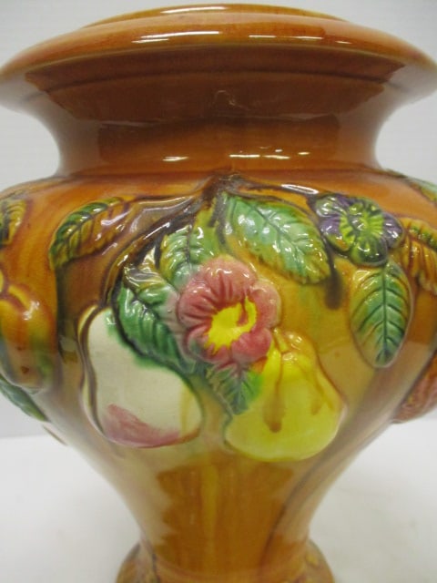 Vintage Majolica Style Urn Vase with Hanging Fruit Motif - 3
