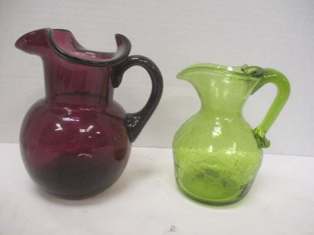 Hand Blown Green Crackle Glass Pitcher and Amethyst Dimple/Thumbprint Pitcher: Green 5 1/4"h, Amethyst 6"h