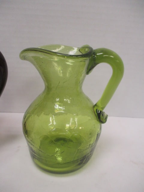 Hand Blown Green Crackle Glass Pitcher and Amethyst Dimple/Thumbprint Pitcher - 2