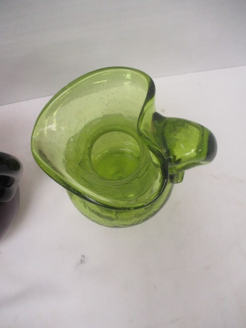 Hand Blown Green Crackle Glass Pitcher and Amethyst Dimple/Thumbprint Pitcher - 3