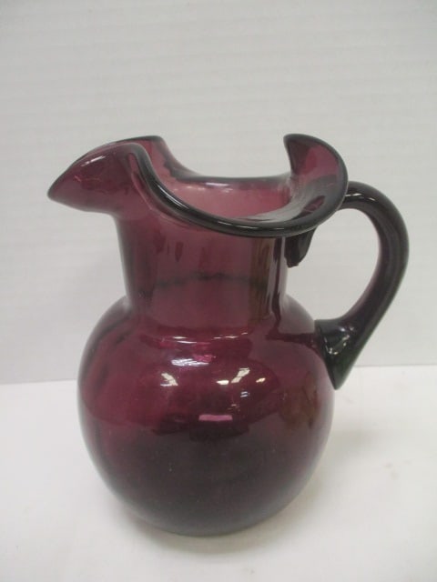 Hand Blown Green Crackle Glass Pitcher and Amethyst Dimple/Thumbprint Pitcher - 5