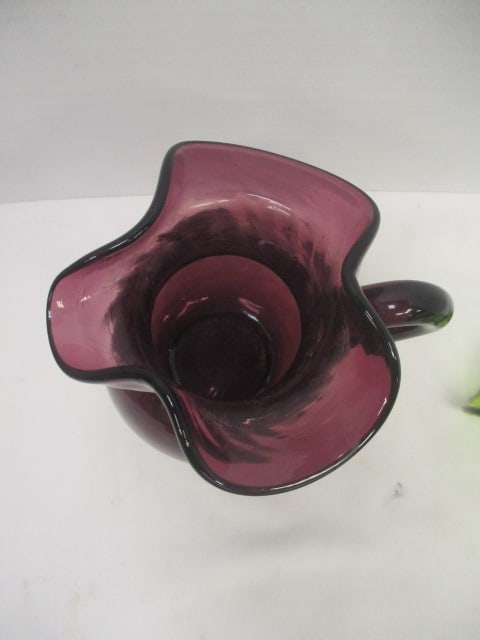 Hand Blown Green Crackle Glass Pitcher and Amethyst Dimple/Thumbprint Pitcher - 6