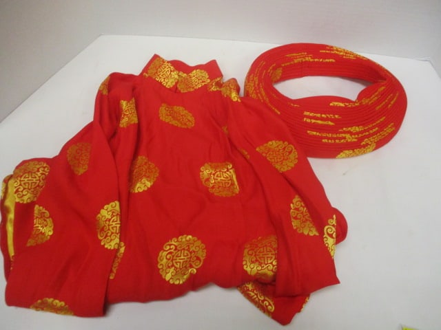 Old Child's Asian Silk Dress and Ceremonial Mandarin Hat: .