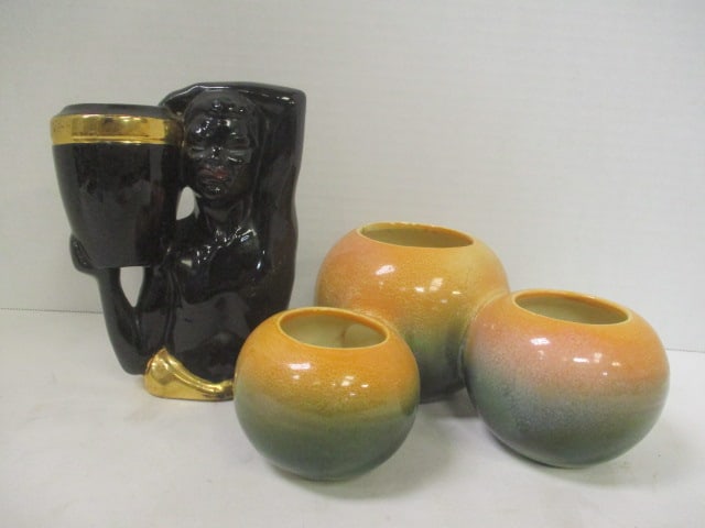 1950's Joan Lea Blackamoor Head Vase and Hull 3-Vessel Vase: Head vase 6 1/2"h, 3 part 3 1/2"h