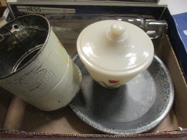 Vintage Kitchen Grouping-Glass Rolling Pin, Fire King "Tulips" Grease Jar, Graniteware: Pie Pan and Androck "Hand-i-Sift" Sifter