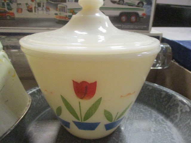 Vintage Kitchen Grouping-Glass Rolling Pin, Fire King "Tulips" Grease Jar, Graniteware - 2