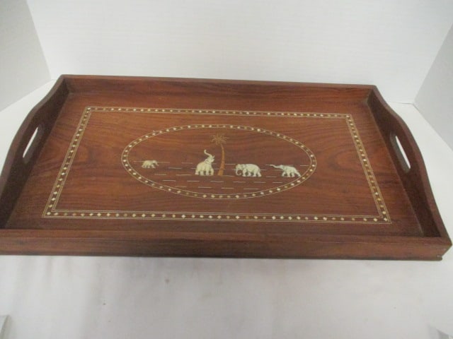Midcentury Wood Serving Tray with Bone Inlay Asian Elephant Scene: 20" x 12