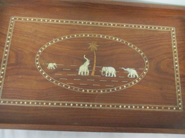 Midcentury Wood Serving Tray with Bone Inlay Asian Elephant Scene - 2