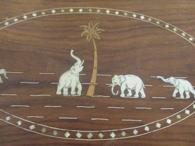 Midcentury Wood Serving Tray with Bone Inlay Asian Elephant Scene - 3