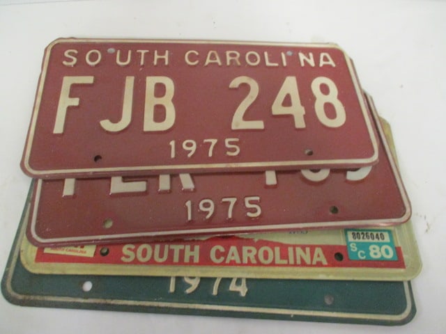 Four 1974-1976 South Carolina Embossed License Plates: see pictures and preview for dates, includes Bicentennial Plates