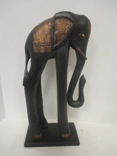 Tall Carved Tribal African Elephant Statue with Brass Accents: 19"h