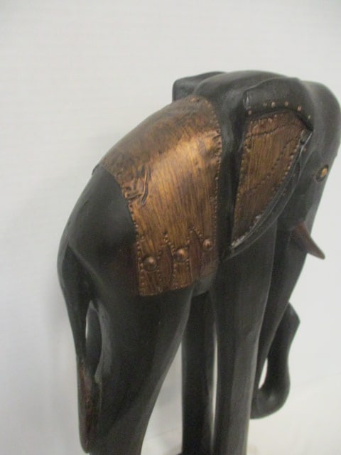 Tall Carved Tribal African Elephant Statue with Brass Accents - 3