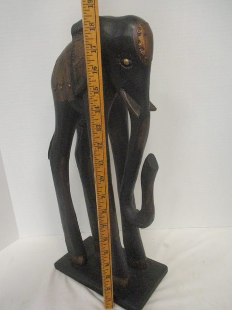 Tall Carved Tribal African Elephant Statue with Brass Accents - 5