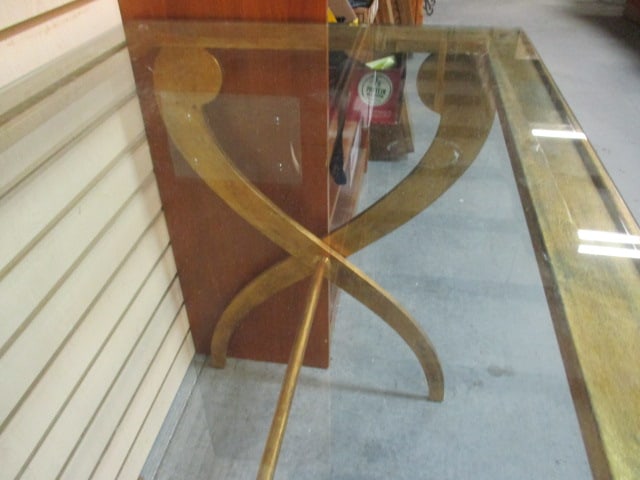 Glass Top Gold Gilt Cross Brace Console Table - 4