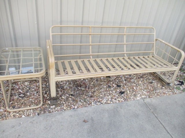 Cast Metal Sofa and Glass Top Side Table: Sofa 70" long, table 18 3/4" x 24 1/2" x 21", slight weathering, sofa is mounted to boards, Local Pickup Only