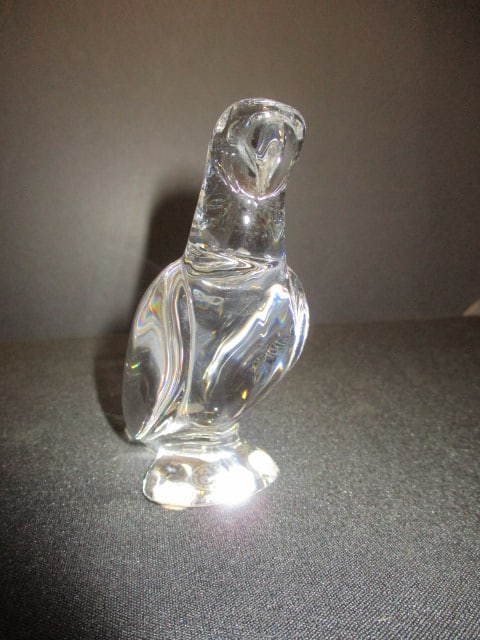Baccarat Crystal Parrot Figurine: 4"h, acid etched hallmark on bottom