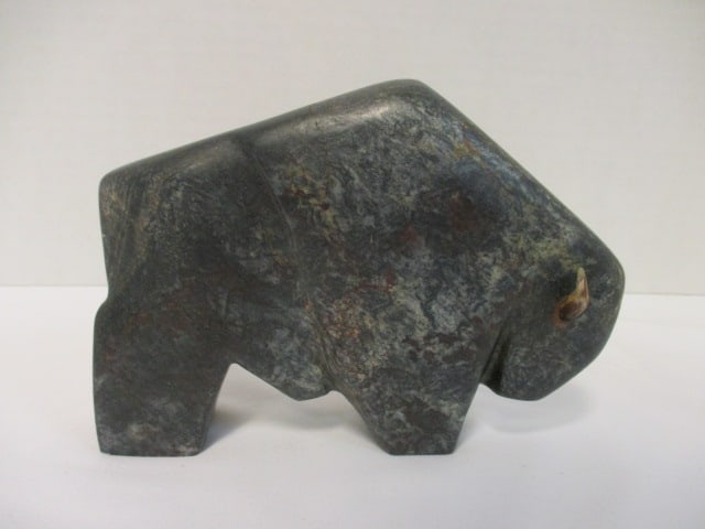Signed Hand Carved Stone Tribal Style Buffalo: 4 1/2"h