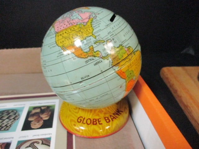 Desk Items-Pressed Metal Lithograph Globe Bank, Brass Anvil Paperweight, - 10