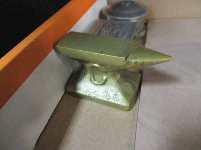Desk Items-Pressed Metal Lithograph Globe Bank, Brass Anvil Paperweight, - 5