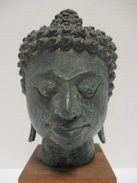 Verdigris Finish Cast Metal Buddha Bust on Wood Base - 2