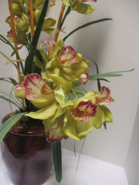 Nice Silk Orchid Arrangement in Burgundy Glazed Clay Pot - 5
