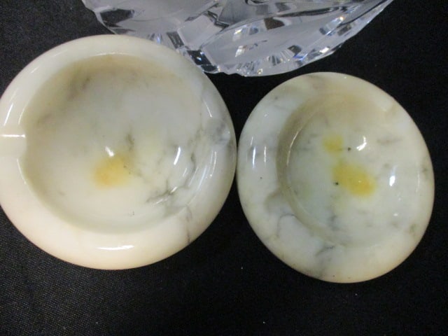 Pair of Carved Stone Ashtrays and Heavy Cut Crystal Ashtray - 2