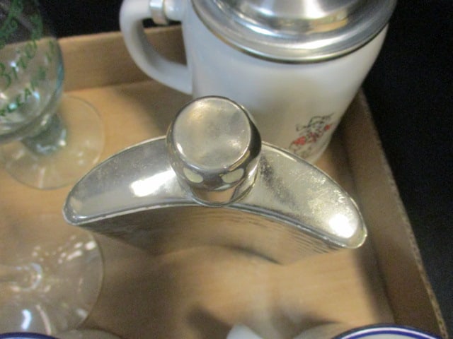 Hammered Stainless Flask, "Trumph" Stoneware Tankard, Two Enamel British Navy - 7