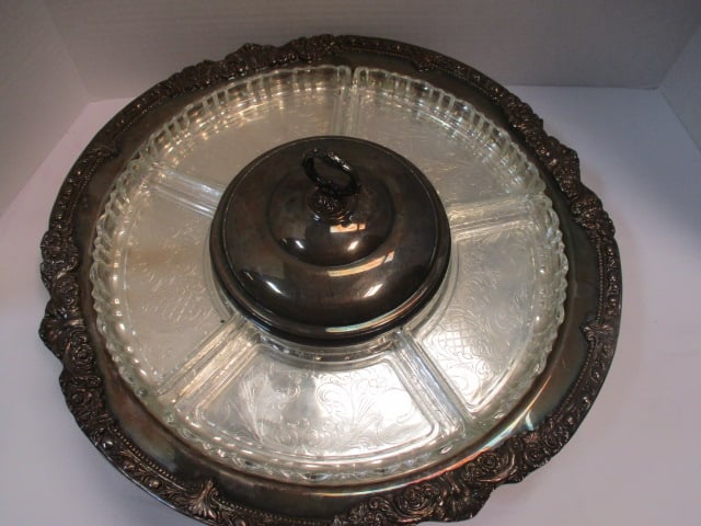 Sheridan Silverplate Lazy Susan Tray with Five Glass Side Dishes and Center Covered Dish - 2