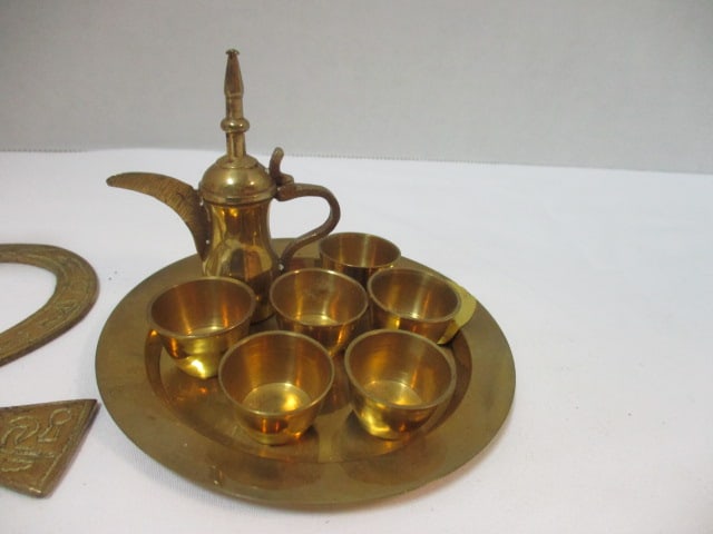 Brass Miniature Tea Set, Turkish Creamer, Damper Tag and Egyptian Ankh - 2