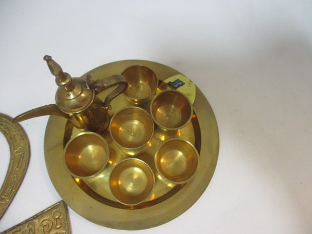 Brass Miniature Tea Set, Turkish Creamer, Damper Tag and Egyptian Ankh - 3