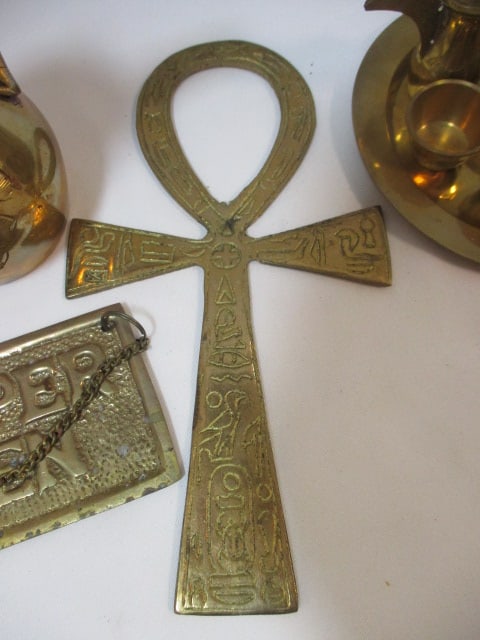 Brass Miniature Tea Set, Turkish Creamer, Damper Tag and Egyptian Ankh - 4