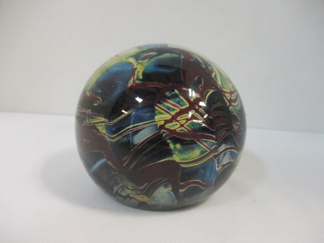 1980 Clark Studios Hand Blown Abstract Internal Pattern Art Glass Paperweight: 2 3/4"dia, etched date and signature on bottom, polished bottom