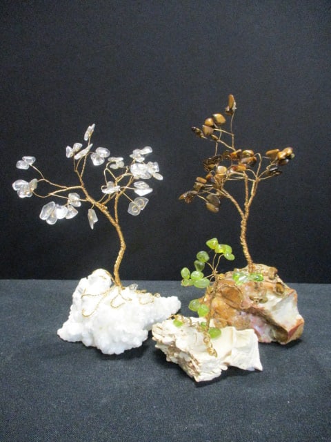 Three Small Braided Copper Trees with Natural Stone Leaves on Quartz Chunks: 3 3/4"h, 6 1/2"h, 7 1/4"