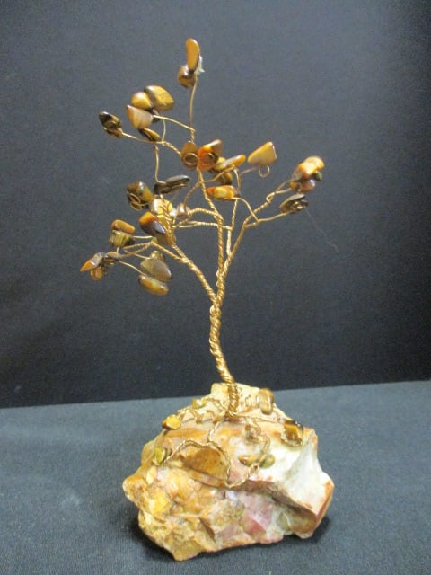 Three Small Braided Copper Trees with Natural Stone Leaves on Quartz Chunks - 2