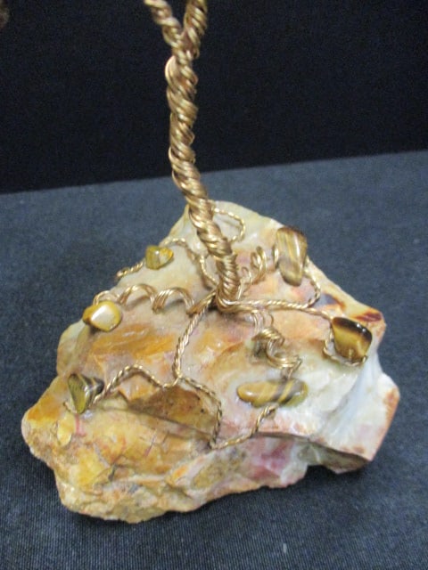 Three Small Braided Copper Trees with Natural Stone Leaves on Quartz Chunks - 3